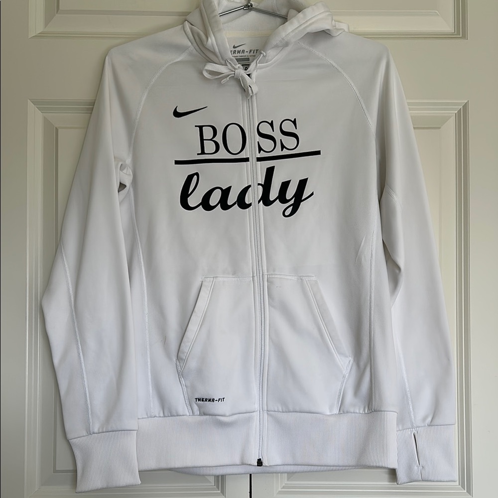 Nike Therma-Fit hoodie white size medium. BOSS LADY LNC full zip thumb holes.
